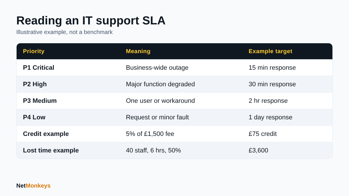 Table of illustrative P1 to P4 priority levels with example response targets and a service credit versus downtime cost example