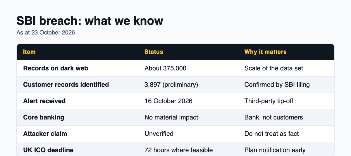 Table summarising confirmed and unconfirmed facts about the SBI data breach as at 23 October 2026