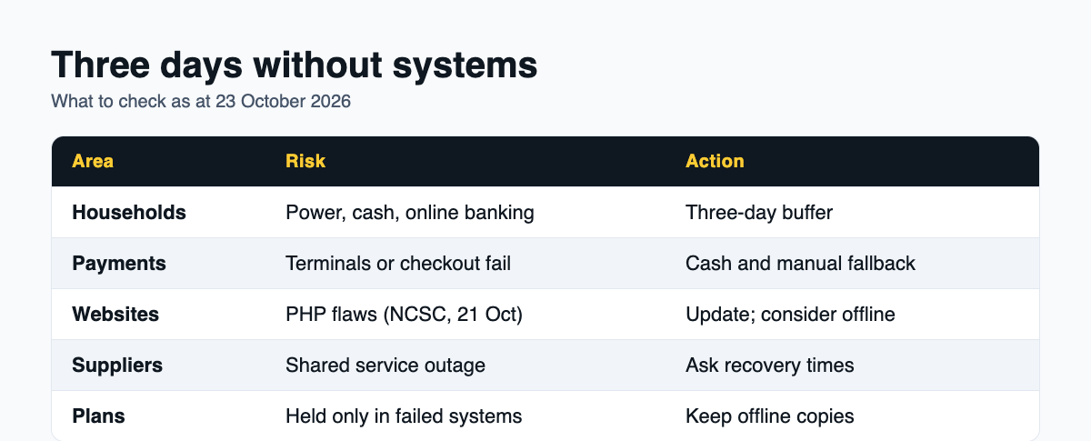 Table of areas, risks and actions for a three-day outage